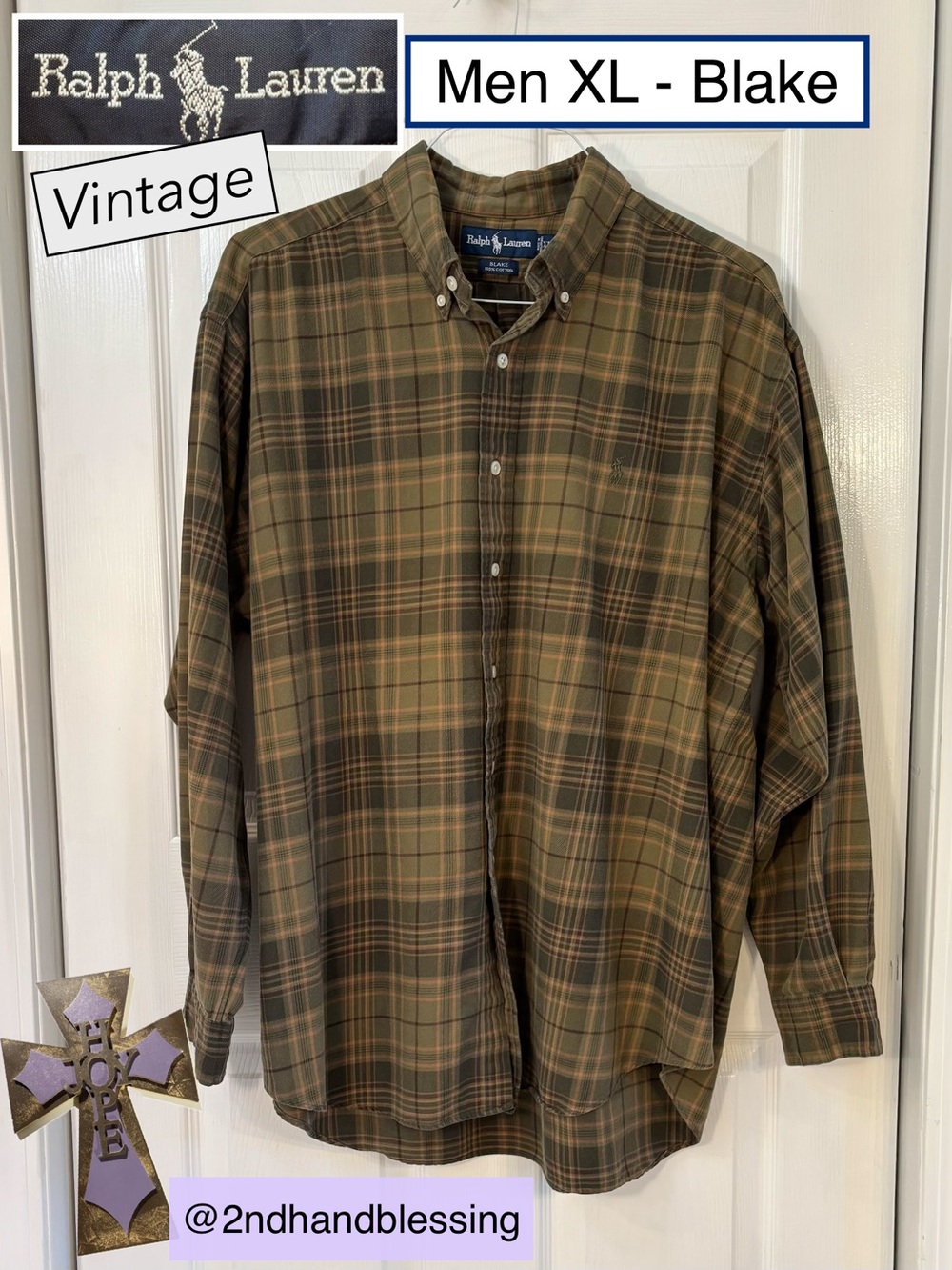 VTG Ralph Lauren Blake Plaid Button Down Shirt Men XL 100% Cotton Flannel, Green
